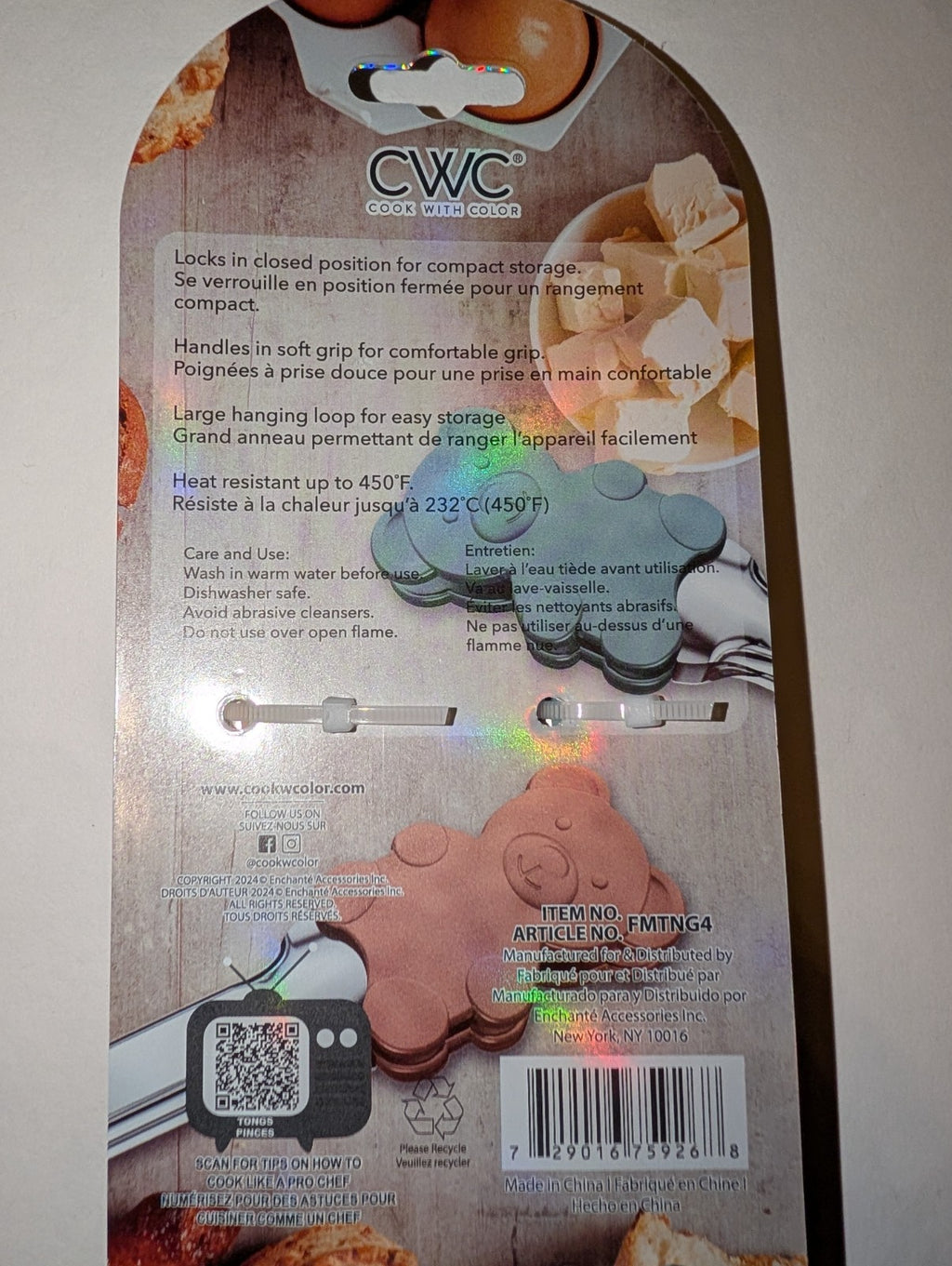 Silicone Kitchen Tongs with Teddy Bear Design, 7 Inch, Teal and Rose Gold, 2PK
