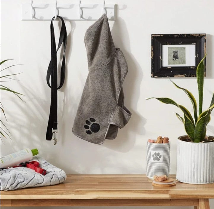 Bone Dry Embroidered Gray Microfiber Pet Robe with Adjustable Closure, NEW