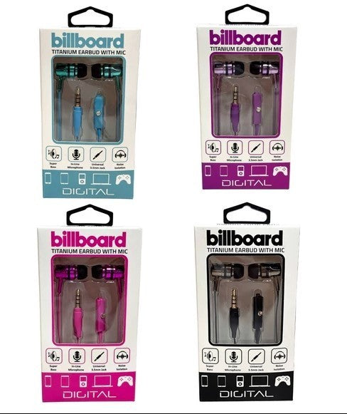 Billboard Titanium Wired Earbuds with Mic in Assorted Colors - New