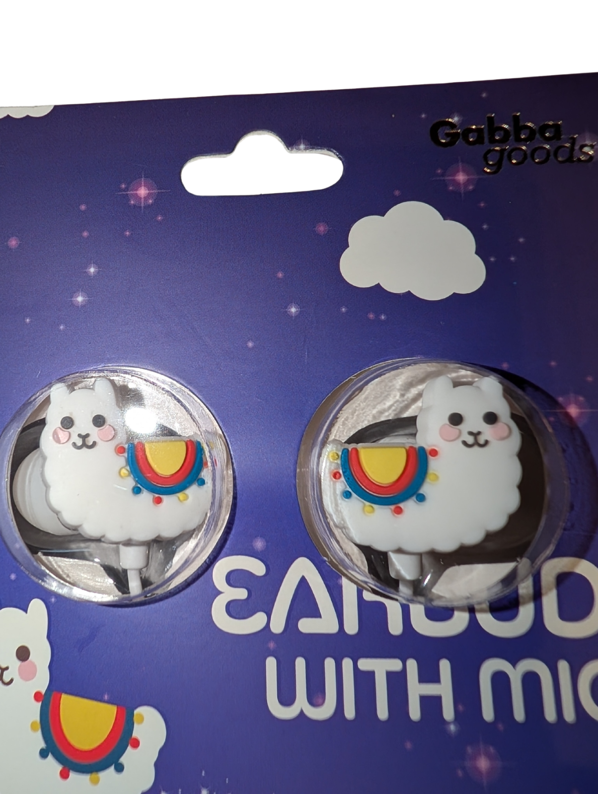 Gabba Goods Llama Earbuds W/Microphone. White cable.