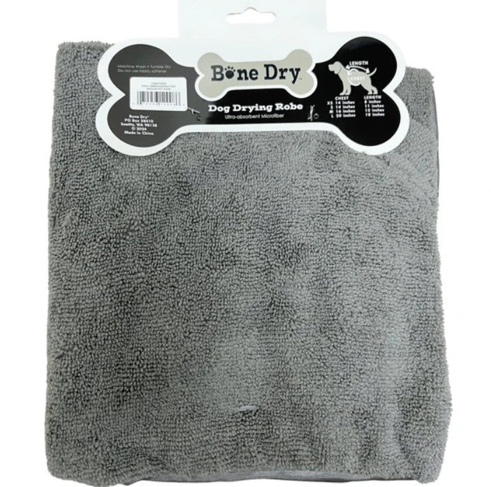 Bone Dry Embroidered Gray Microfiber Pet Robe with Adjustable Closure, NEW