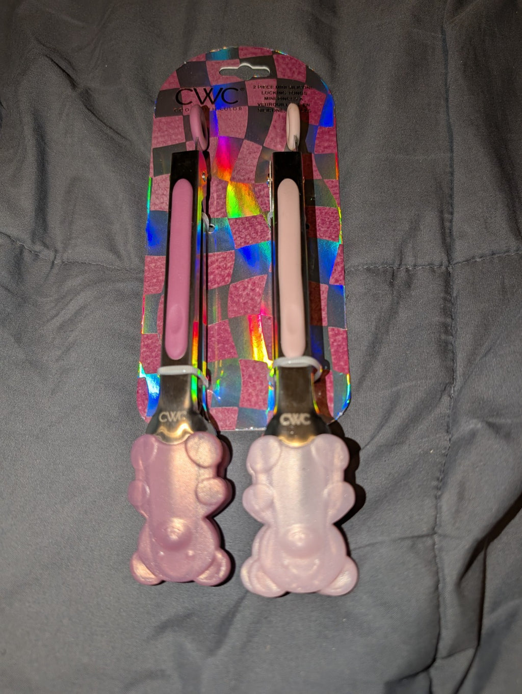 Silicone Kitchen Tongs with Teddy Bear Design, 7 Inch, Pink and Wine Color, 2PK