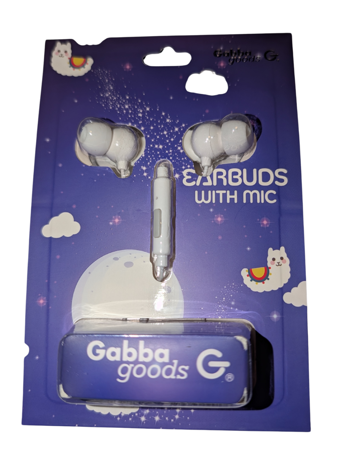 Gabba Goods Llama Earbuds W/Microphone. White cable.