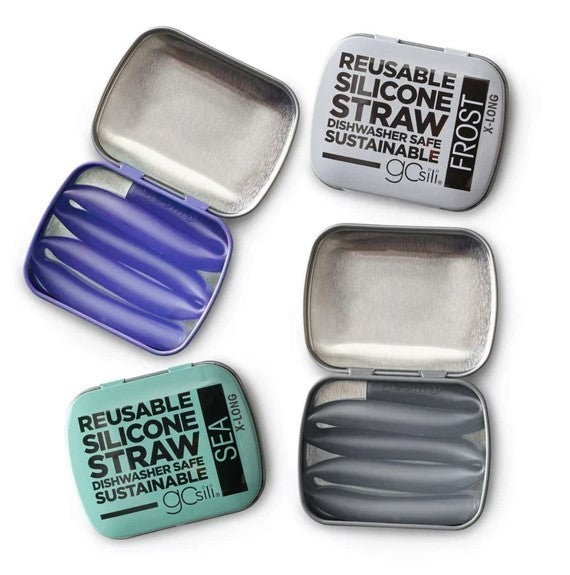 GoSili 10.5" Extra-Long Reusable Silicone Straws with Metal Travel Tin, 4Pack