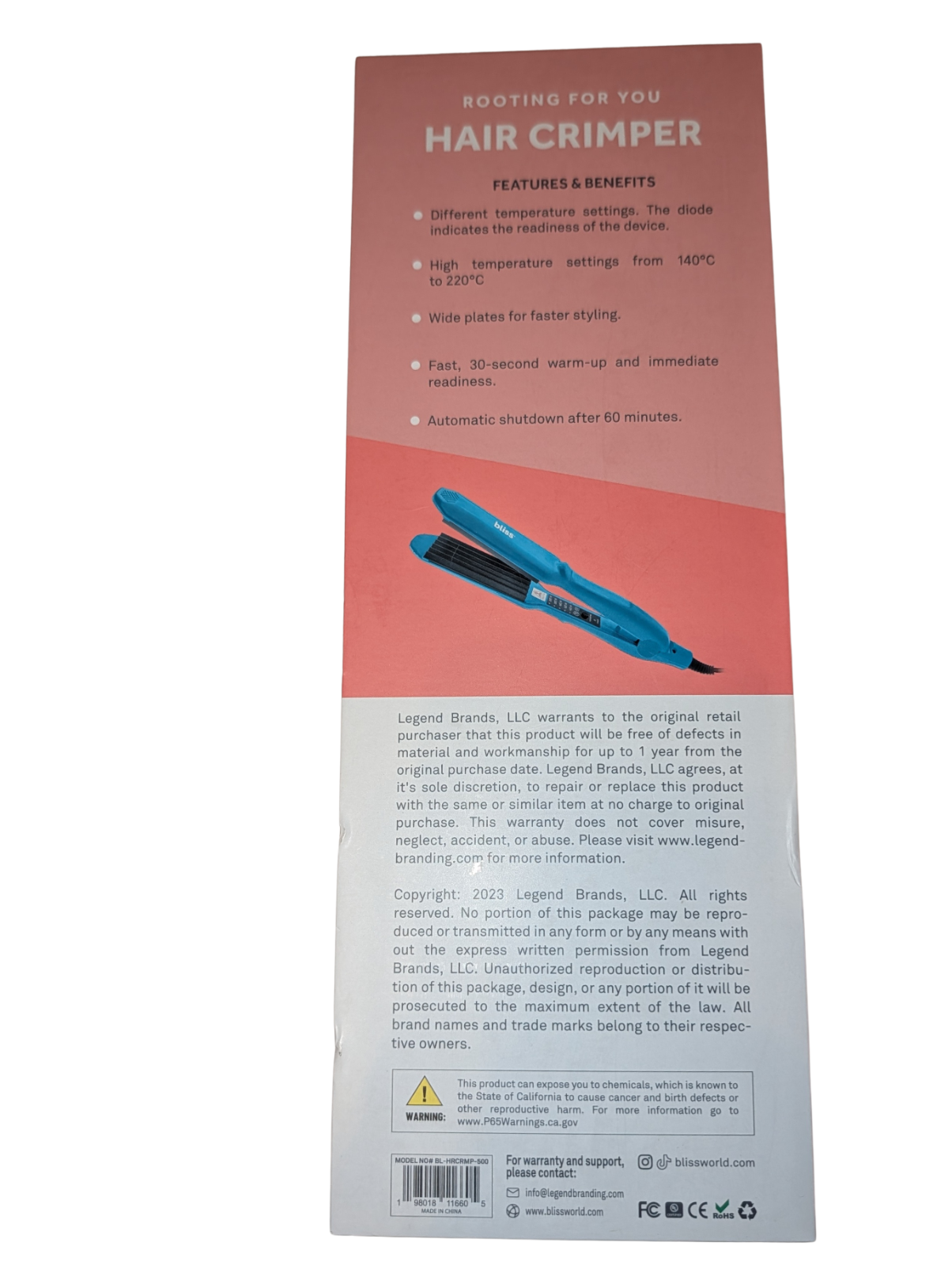 Bliss hair crimper, Ceramic, 30 Second Warm-Up, 5 Heat Settings,  New in Box