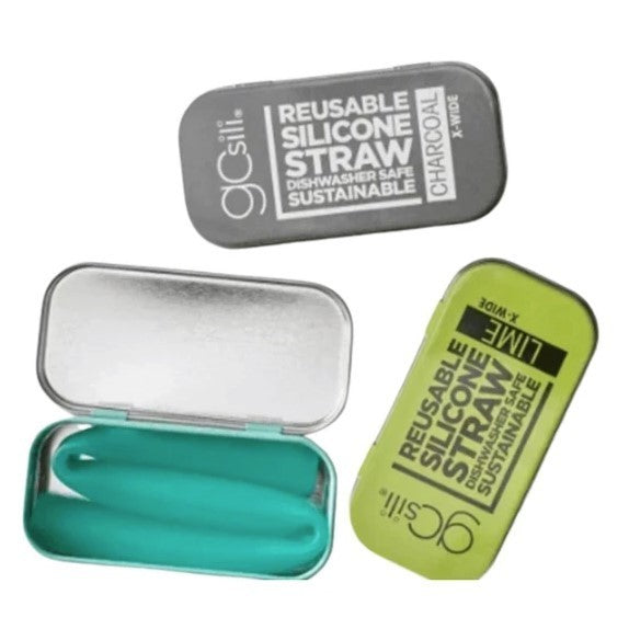 GoSili 8.5" X-Wide Reusable Silicone Straws W/Metal Travel Tin, 3 pack, 3 Colors