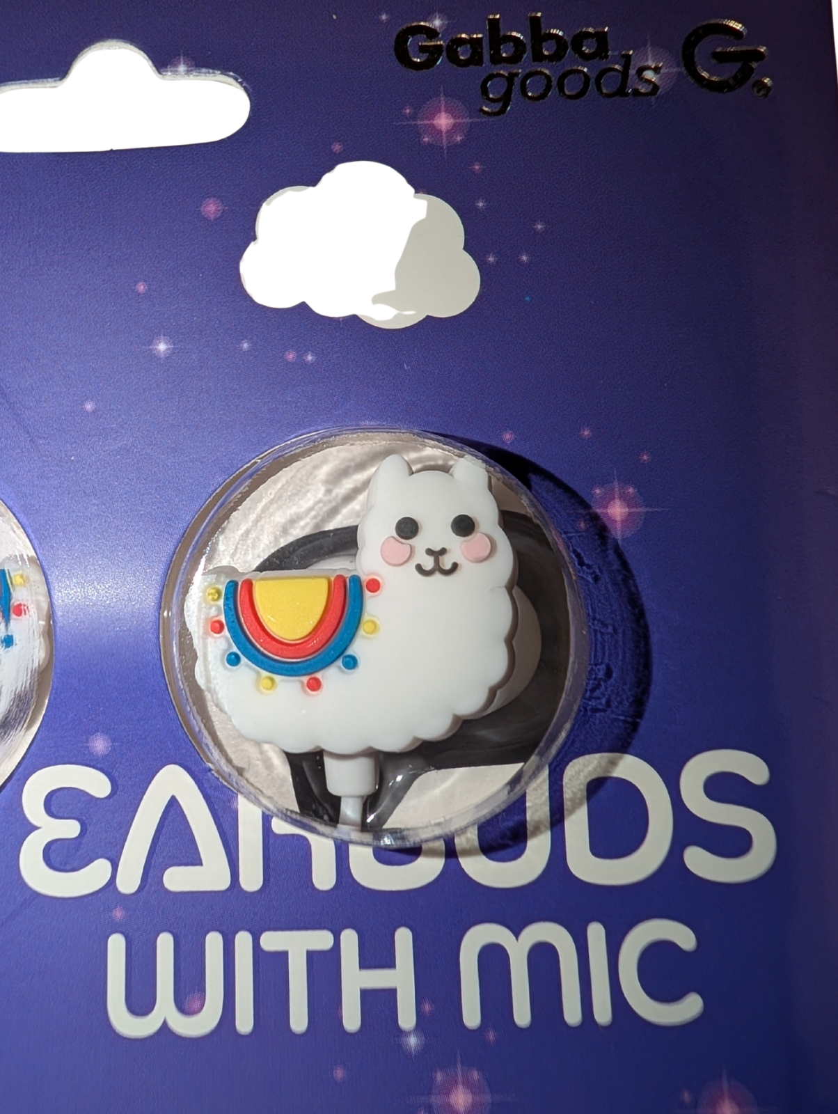 Gabba Goods Llama Earbuds W/Microphone. White cable.