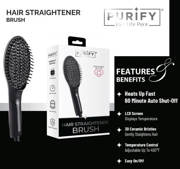 Purify Electric Hair Straightener Brush with Digital Temperature Display, NEW