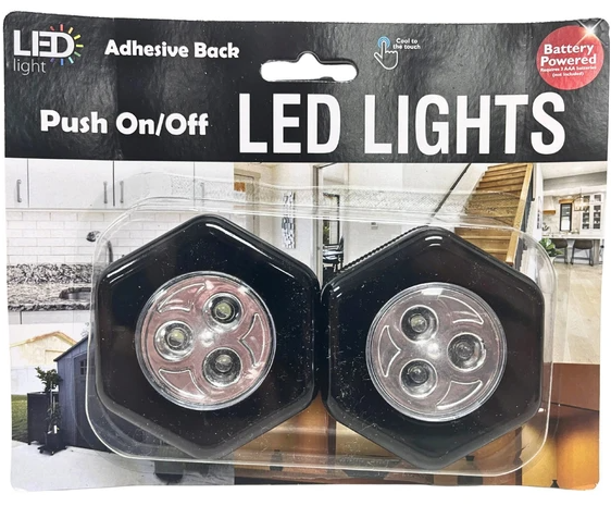 Battery Operated LED Puck Lights, Push On/Off, Hexagon, 2 Pack