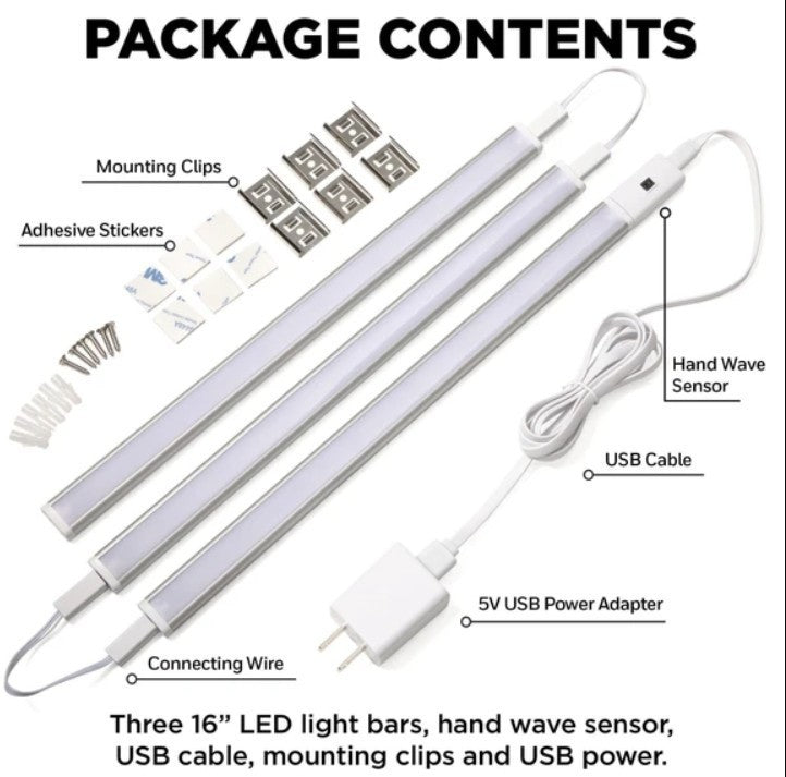 Hyper Tough 3-Pack 16-Inch Under Cabinet Lights Hand Wave Sensor Dimmable