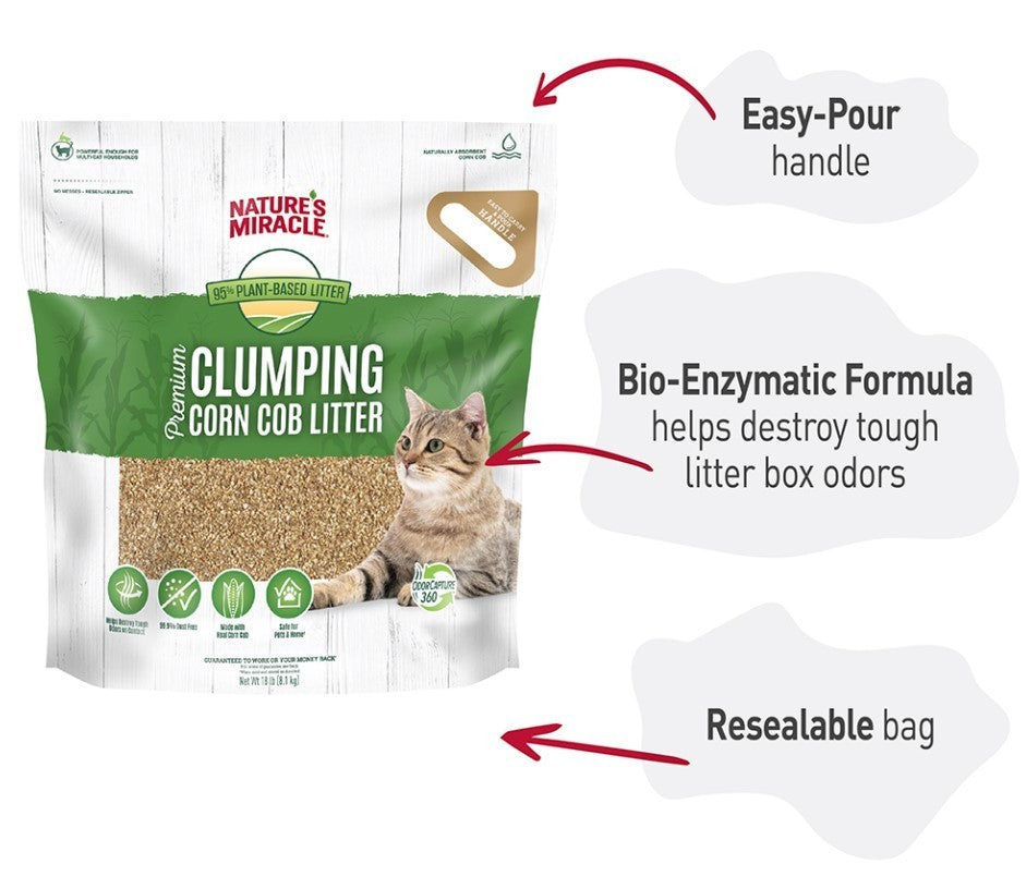 Nature’s Miracle Premium Clumping Corn Cob Litter, 18 Pounds, Carry Handle