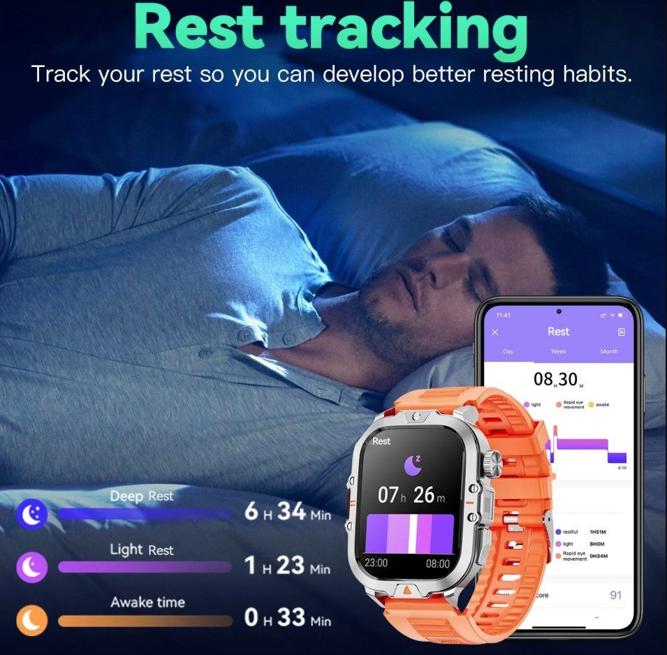 Mingwear L31 Military Smartwatch, 2.01" High-Resolution Display, IP68, Orange