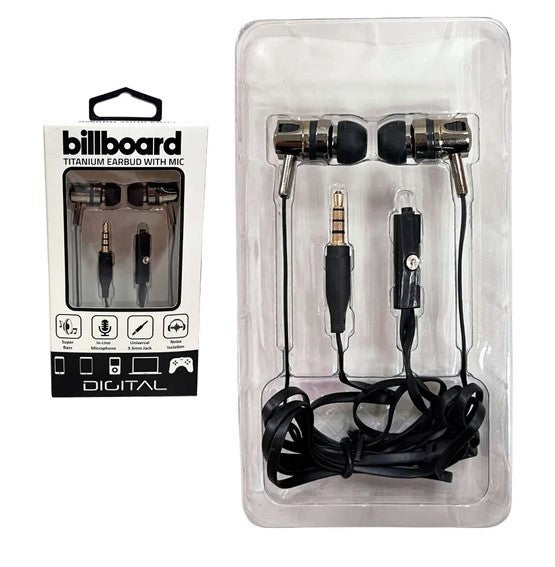 Billboard Titanium Wired Earbuds with Mic in Assorted Colors - New