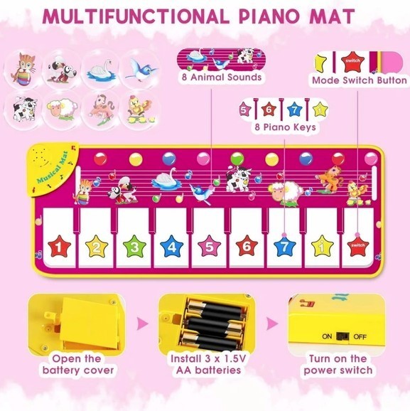 Piano Keyboard 39.5" Interactive Music Touch Play Mat in Pink Design, NEW