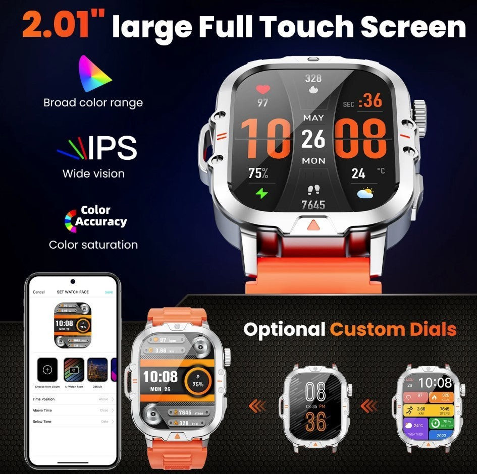 Mingwear L31 Military Smartwatch, 2.01" High-Resolution Display, IP68, Orange