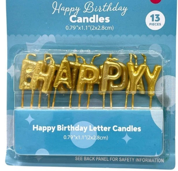 Happy Birthday Candle Set, 13 Pieces, 1 inch letters, Gold, Silver, MultiColor