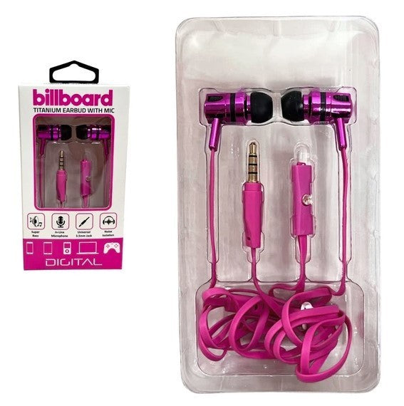 Billboard Titanium Wired Earbuds with Mic in Assorted Colors - New