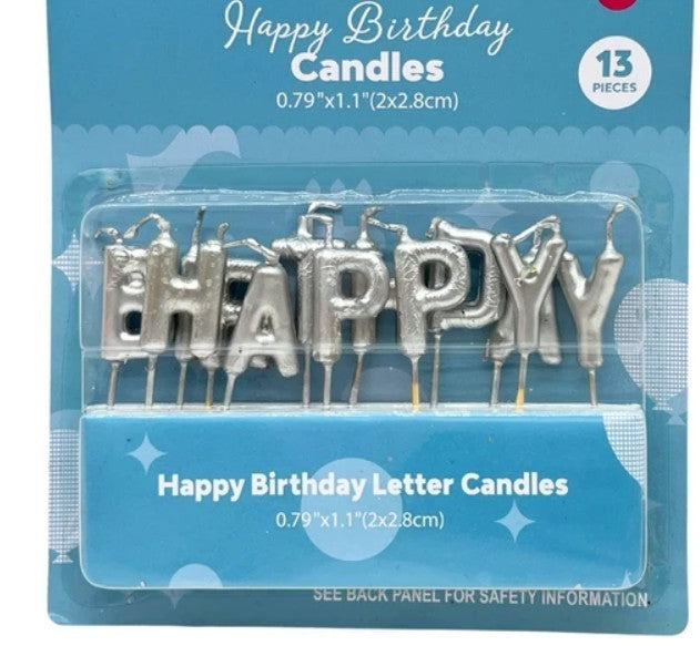 Happy Birthday Candle Set, 13 Pieces, 1 inch letters, Gold, Silver, MultiColor