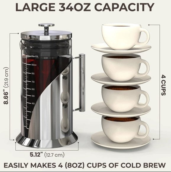 Cafe du Chateau 34oz cold brew coffee maker with stainless steel filter, NEW