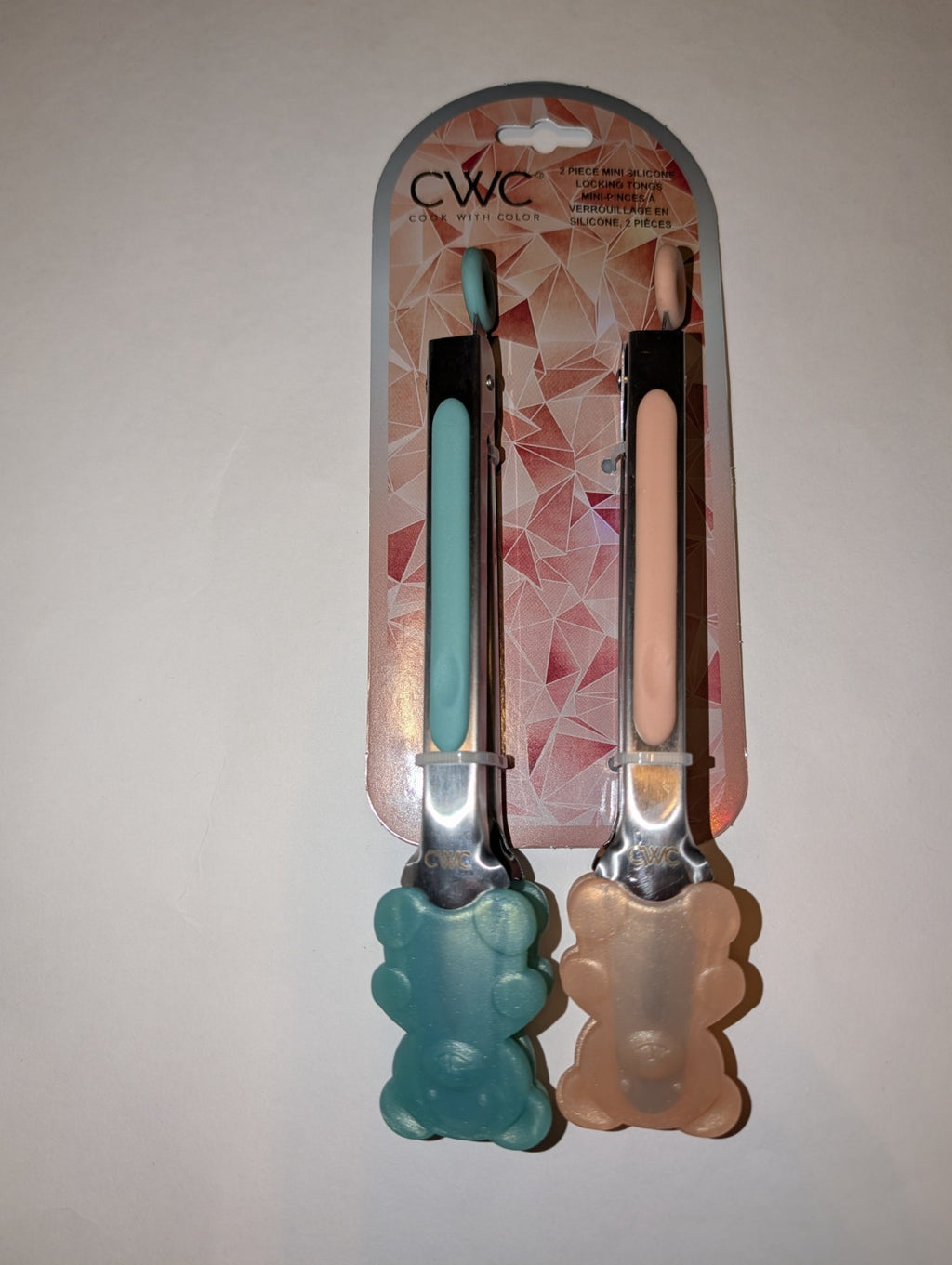 Silicone Kitchen Tongs with Teddy Bear Design, 7 Inch, Teal and Rose Gold, 2PK