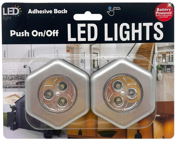 Battery Operated LED Puck Lights, Push On/Off, Hexagon, 2 Pack