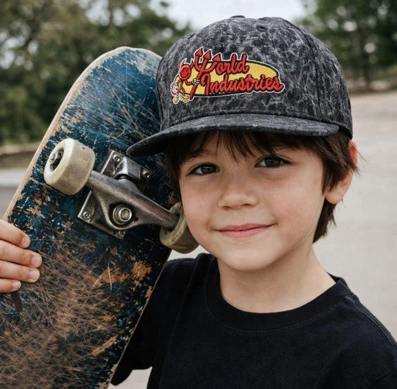 World Industries Boys Black Washed Look Logo Snapback Cap, Original, New W/Tags