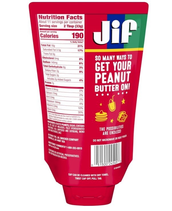 Jif Portable Squeeze Peanut Butter Creamy Smooth Daily Spread, 13oz, 2 pack