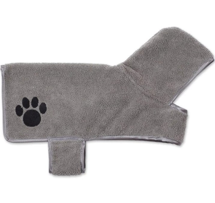 Bone Dry Embroidered Gray Microfiber Pet Robe with Adjustable Closure, NEW