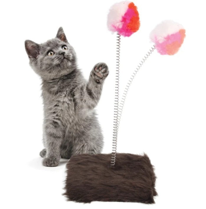 Cat Punch Ball with scratch base and  brown faux fur bottom, 6x6x11 NEW