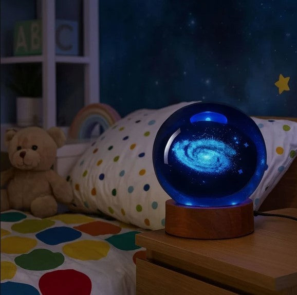 3D Galaxy Crystal Ball USB Lamp With Colorful Changing Light and Wood Base, NEW