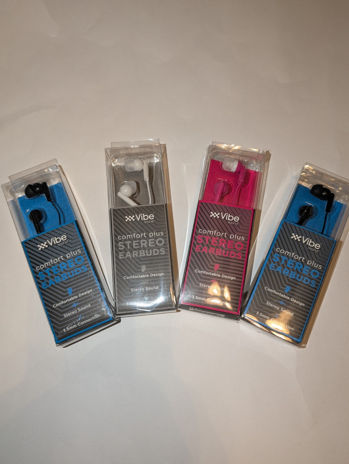 Vibe Sound Comfort Plus Stereo Earbuds 4 pack Black White Pink