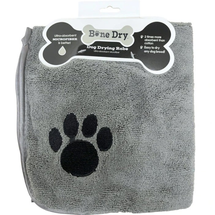 Bone Dry Embroidered Gray Microfiber Pet Robe with Adjustable Closure, NEW