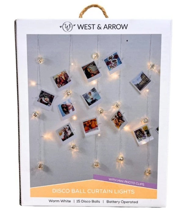 West & Arrow 15 Bulb Disco Ball Curtain Lights with Photo Clips NEW
