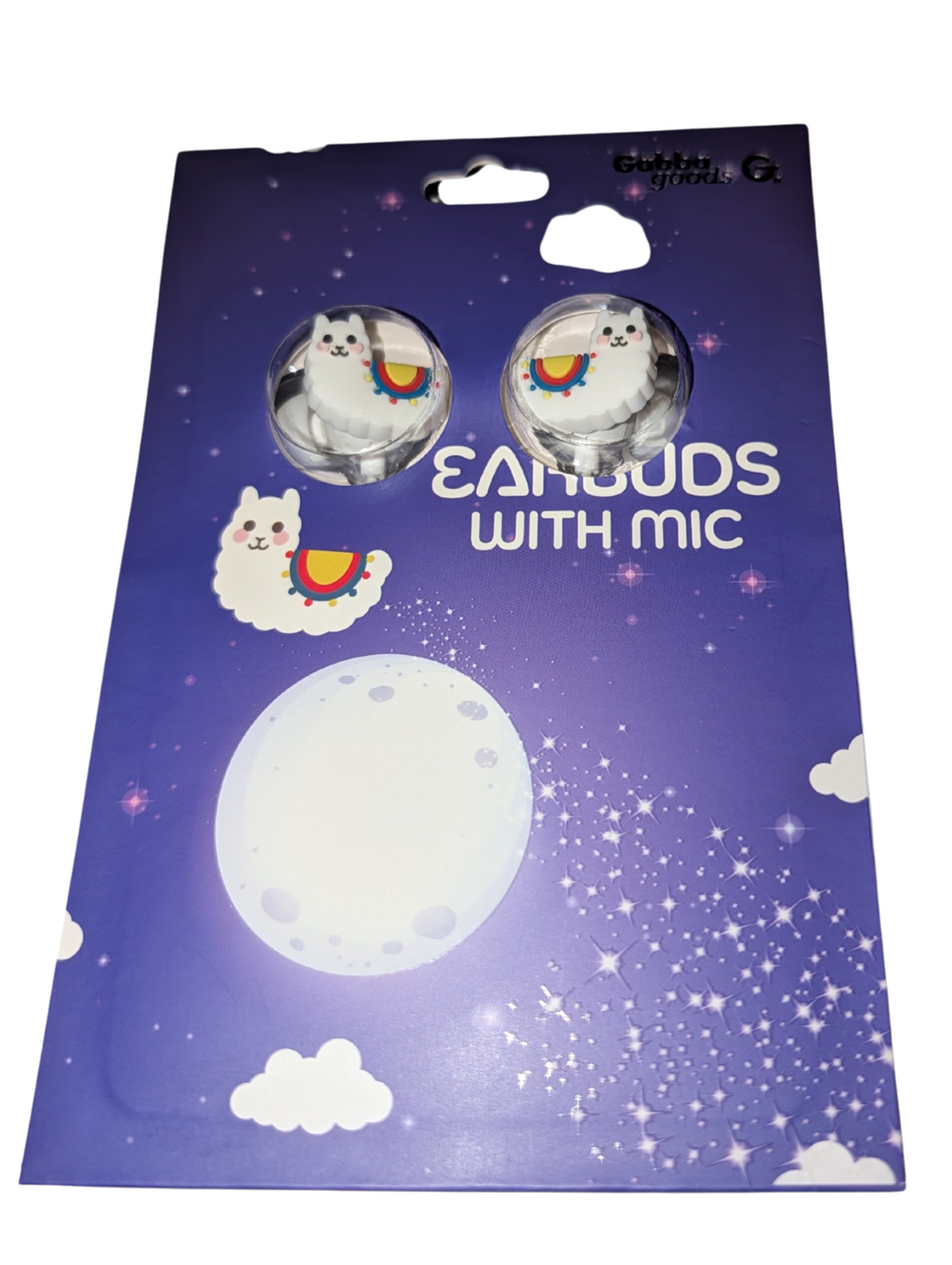Gabba Goods Llama Earbuds W/Microphone. White cable.