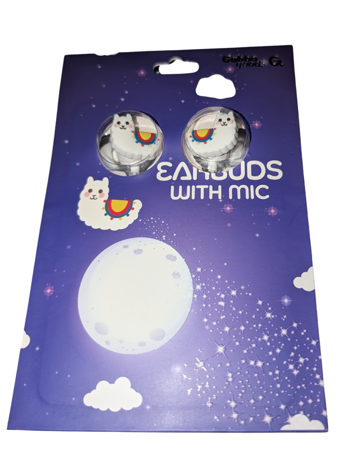 Gabba Goods Llama Earbuds W/Microphone. White cable.