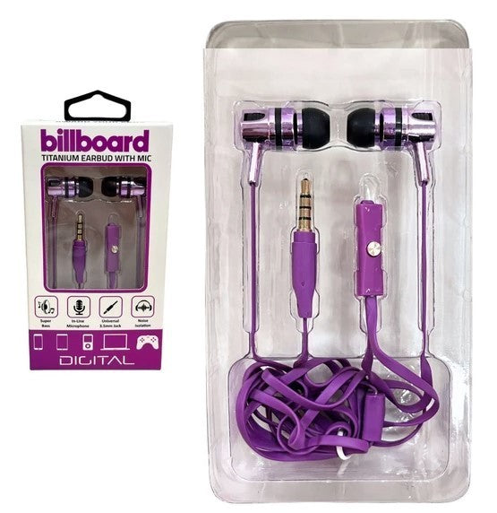 Billboard Titanium Wired Earbuds with Mic in Assorted Colors - New