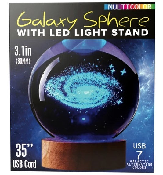 3D Galaxy Crystal Ball USB Lamp With Colorful Changing Light and Wood Base, NEW