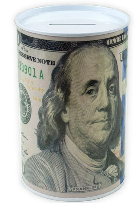 Ben Franklin $100 Bill Money Coin Saver Tin Money Savings Piggy Bank 6" - New