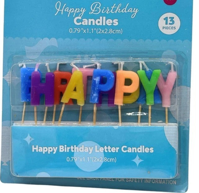 Happy Birthday Candle Set, 13 Pieces, 1 inch letters, Gold, Silver, MultiColor