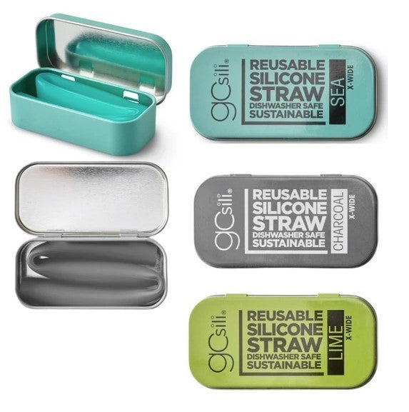 GoSili 8.5" X-Wide Reusable Silicone Straws W/Metal Travel Tin, 3 pack, 3 Colors