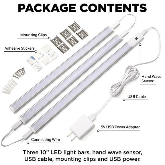 Hyper Tough 3-Pack 10-Inch Under Cabinet Lights Hand Wave Sensor Dimmable