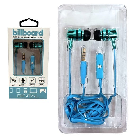 Billboard Titanium Wired Earbuds with Mic in Assorted Colors - New