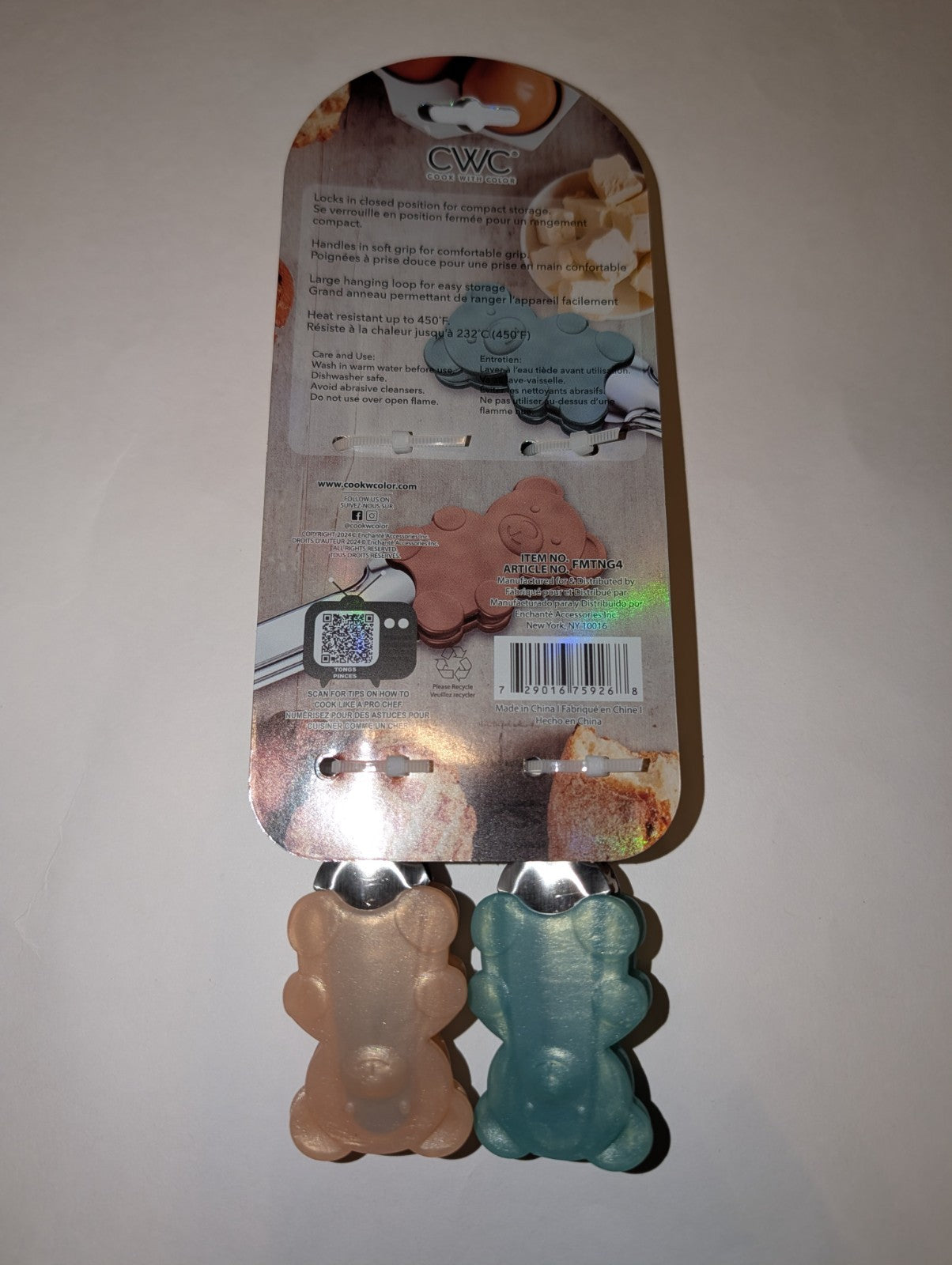 Silicone Kitchen Tongs with Teddy Bear Design, 7 Inch, Teal and Rose Gold, 2PK