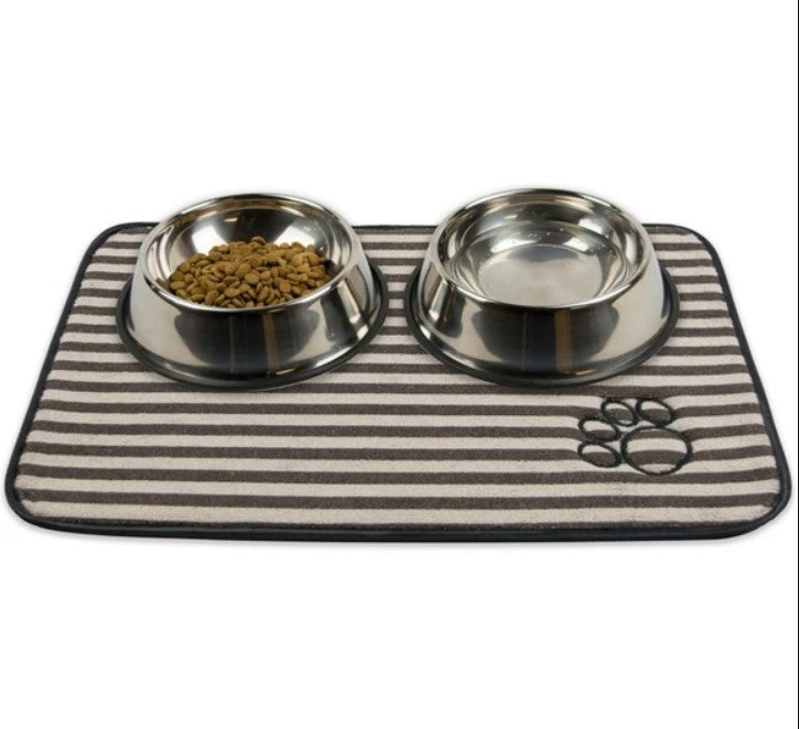 Bone Dry Machine Washable Ultra Obsorbent Brown Striped Paw Pet Feeding Mat, NEW