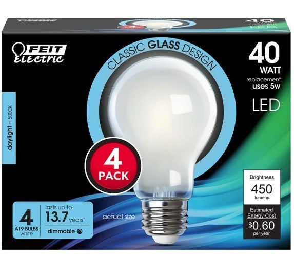 Feit Electric A19 LED Light Bulb, 40W Equiv, 4Pk Glass, 5000k Daylight, Dimmable